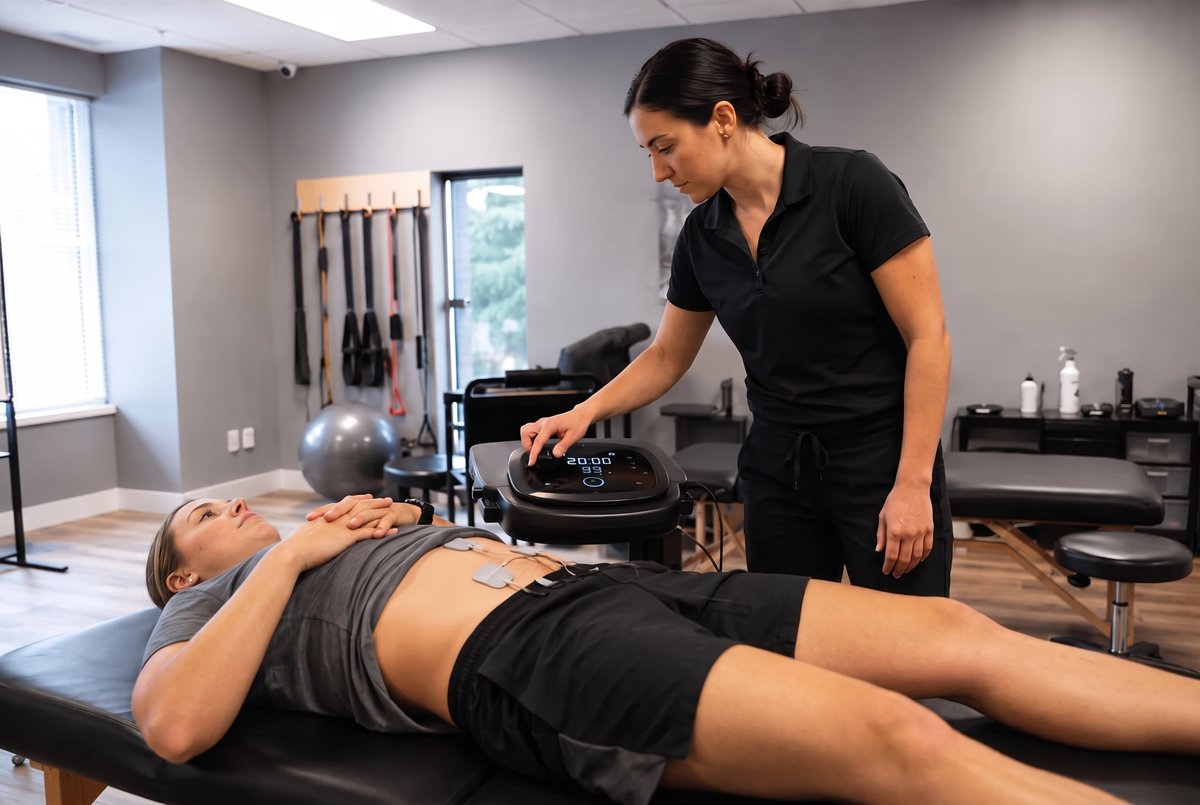 Clinical NMES equipment used in rehabilitation settings