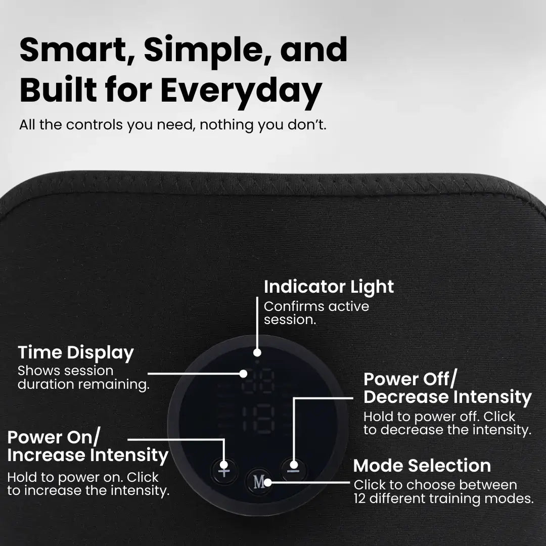 NextGen Ultra EMS muscle stimulator controls, time display and training modes